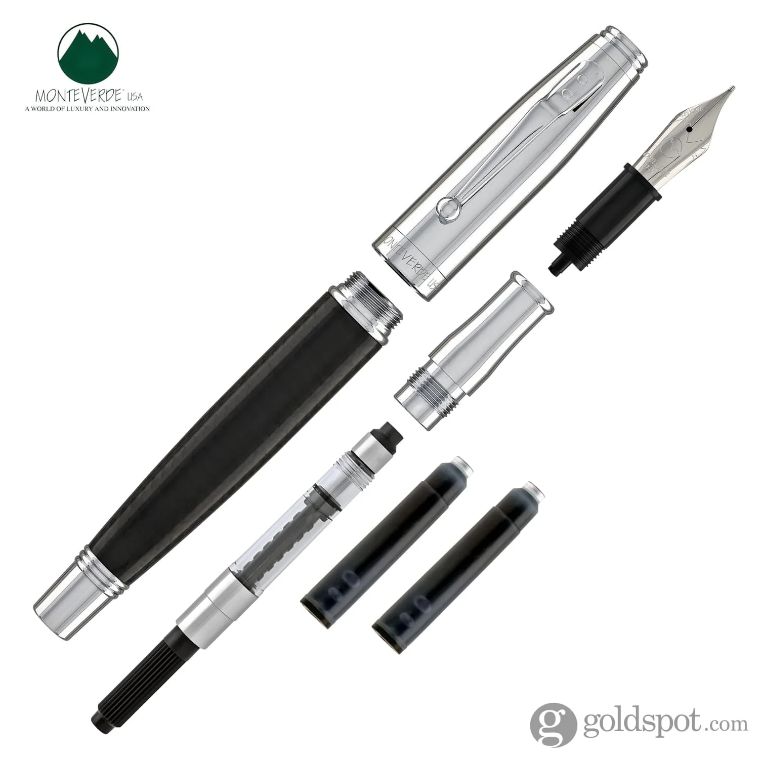 Monteverde Invincia Fountain Pen in Chrome & Carbon Fiber - Medium Point - Image 7